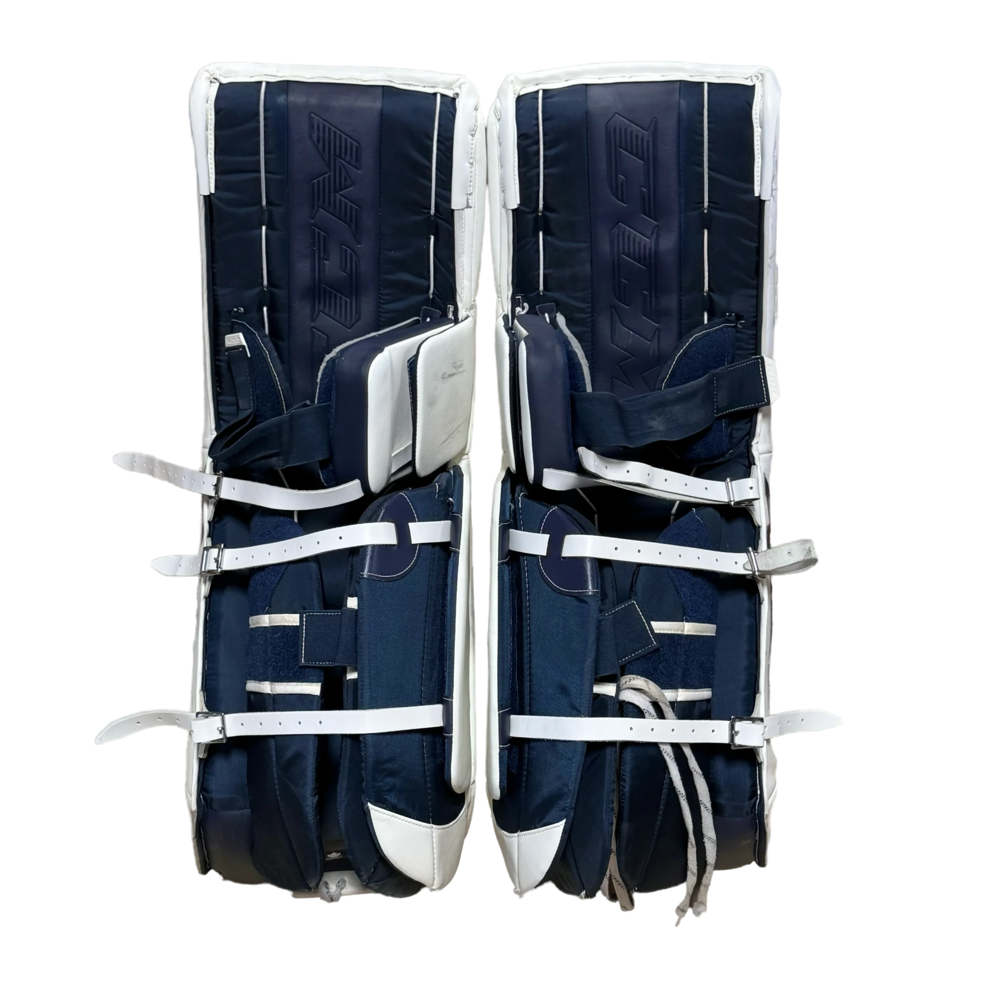 CCM Extreme Flex 5 - Jambières de gardien NCAA Pro Stock d'occasion (blanc/bleu marine/or)